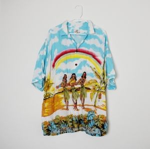 Vintage Palm Bay rainbow hula girl button up shirt